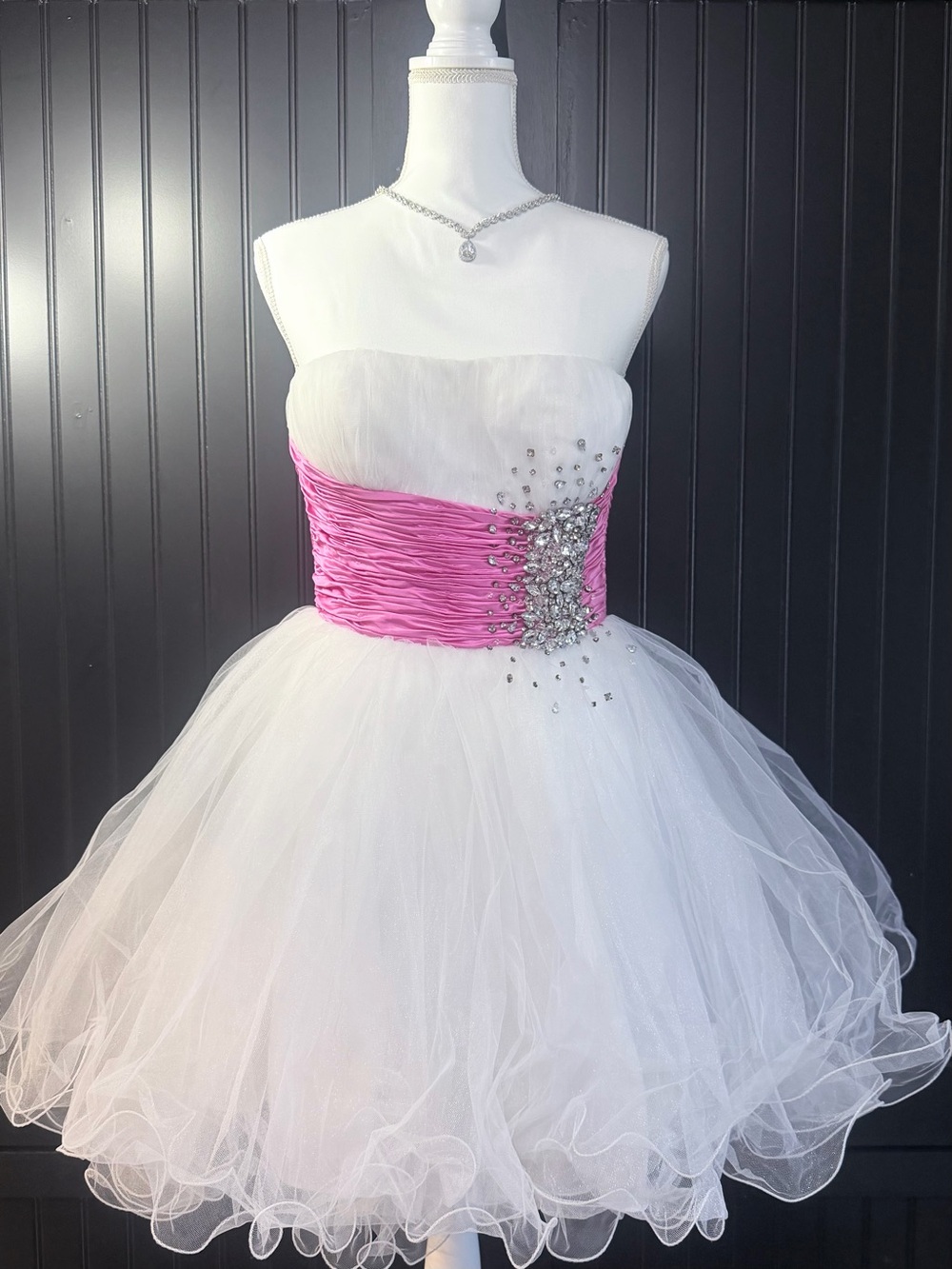 Sherri Hill White Tulle Dress with Hot Pink Ruched Bodice
